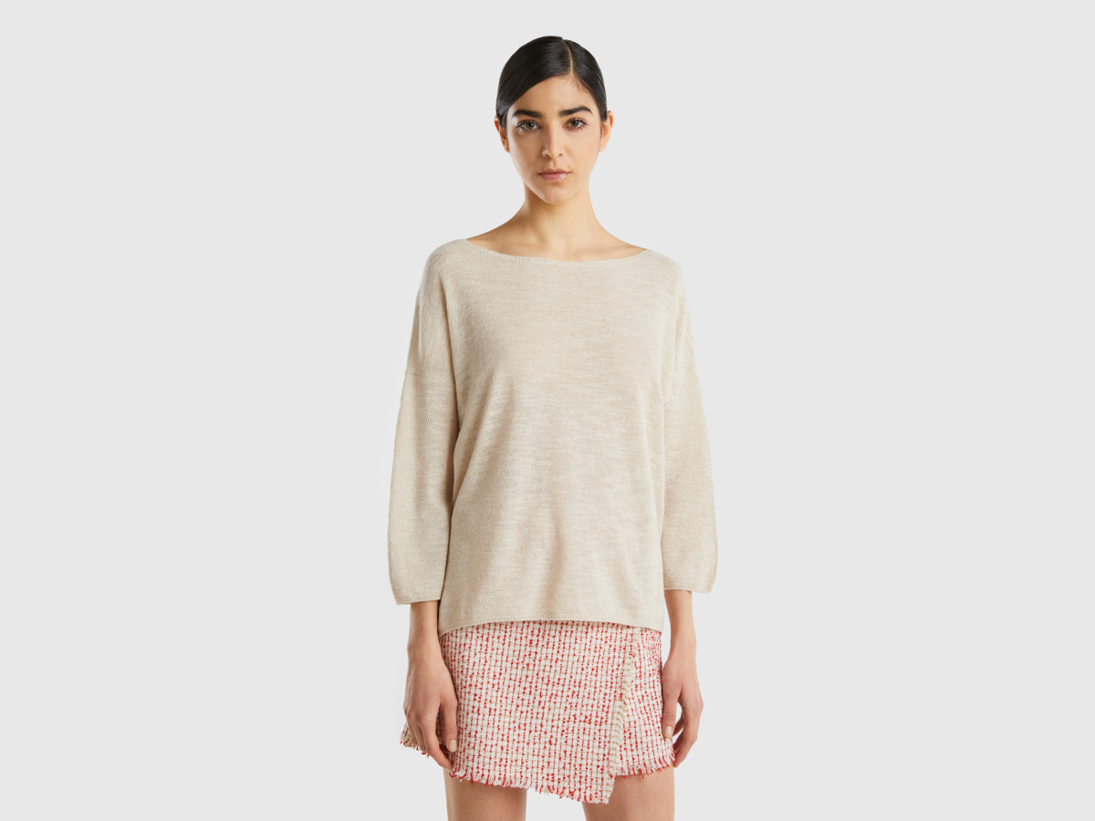 United Colors Of Sweater In Linen Mixture With Sleeves Cream White Female Benetton Womens SWEATERS GOOFASH