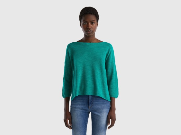 United Colors Of Sweater In Linen Mixture With Sleeves Green Female Benetton Womens SWEATERS GOOFASH