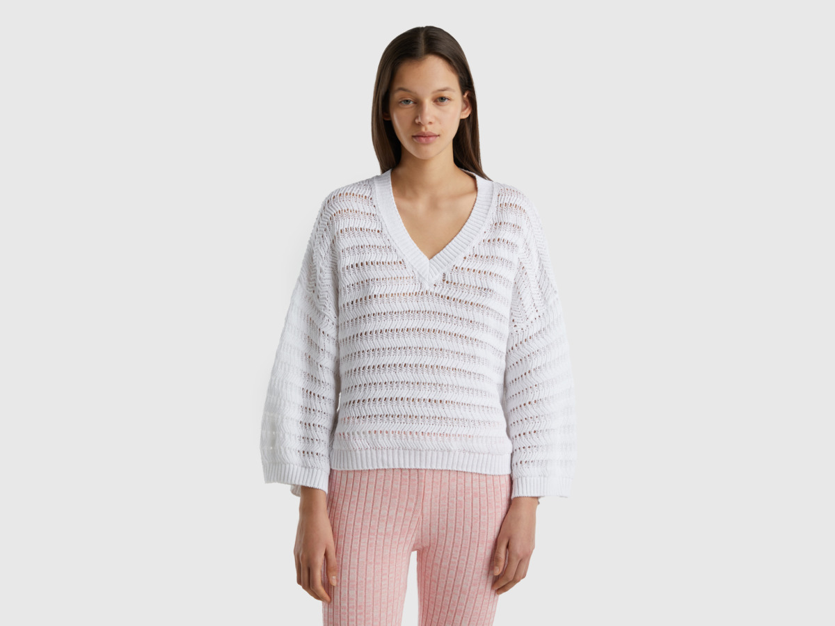 United Colors Of Sweater In Recycled Mixture With V-Neck White Female Benetton Womens SWEATERS GOOFASH