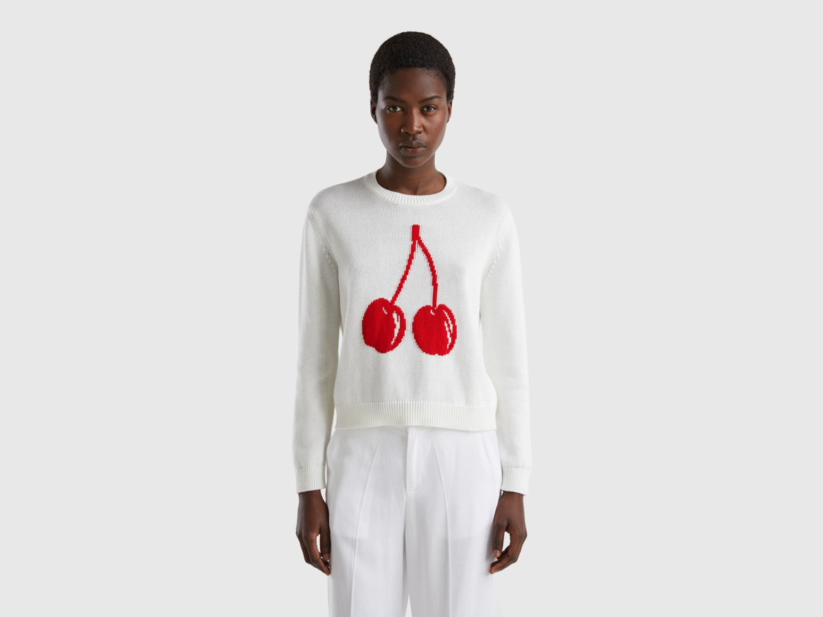 United Colors Of Sweater In White With Cherry As An Inlay Work White Female Benetton Womens SWEATERS GOOFASH