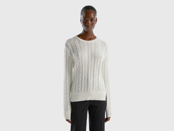 United Colors Of Sweater Made Of Lichen Pattern Cream White Female Benetton Womens SWEATERS GOOFASH