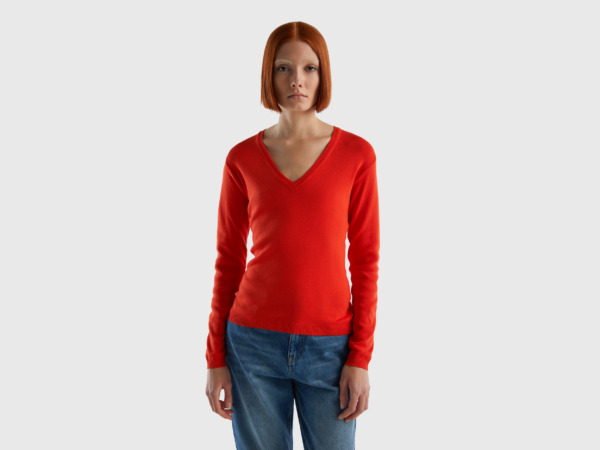 United Colors Of Sweater Made Of Pure With V-Neck Red Female Benetton Womens SWEATERS GOOFASH