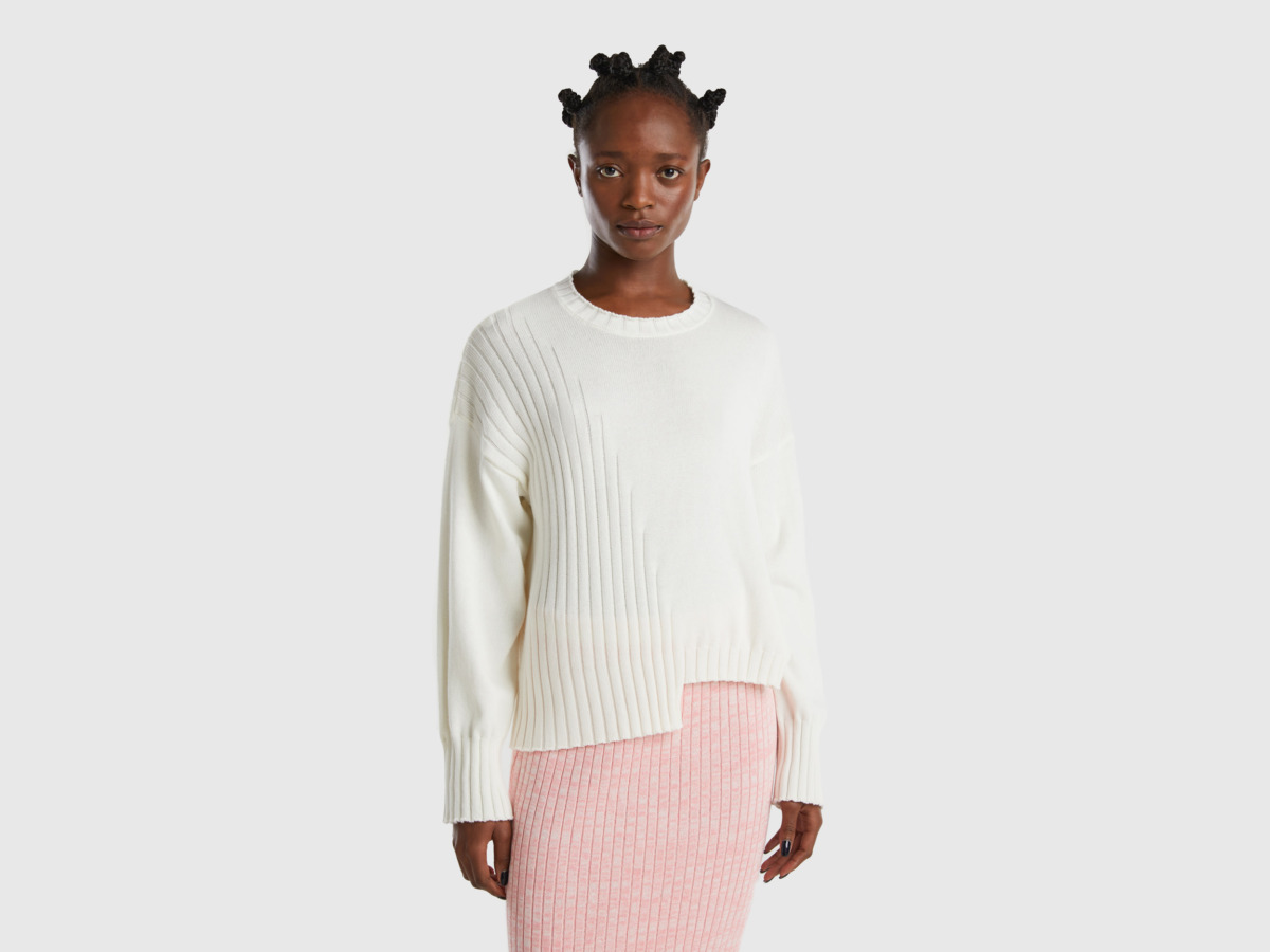 United Colors Of Sweater With Asymmetrical Hem Cream White Female Benetton Womens SWEATERS GOOFASH