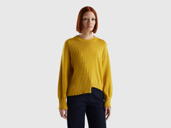 United Colors Of Sweater With Asymmetrical Hem Mustard Yellow Female Benetton Womens SWEATERS GOOFASH
