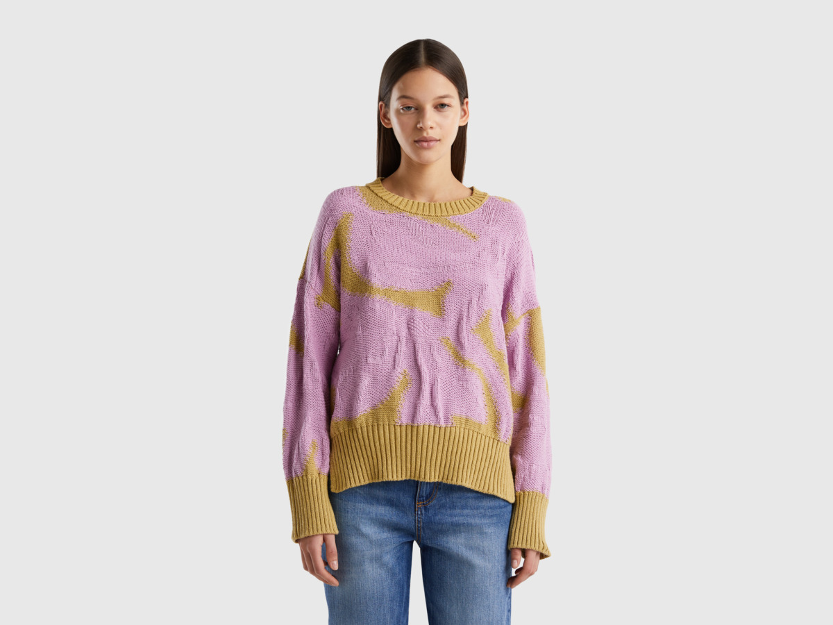 United Colors Of Sweater With Flower Intertarsia Work Mustard Yellow Female Benetton Womens SWEATERS GOOFASH
