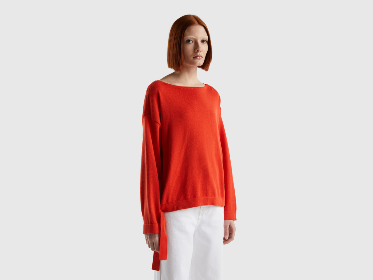 United Colors Of Sweater With Ribbons And Carmen Neckline Red Female Benetton Womens SWEATERS GOOFASH