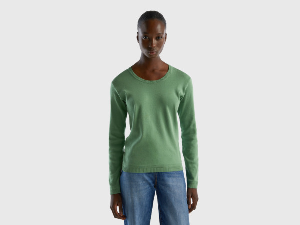 United Colors Of Sweater With Round Neckline Made Of Pure Green Female Benetton Womens SWEATERS GOOFASH
