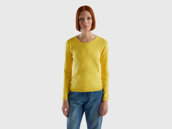 United Colors Of Sweater With Round Neckline Made Of Pure Yellow Female Benetton Womens SWEATERS GOOFASH