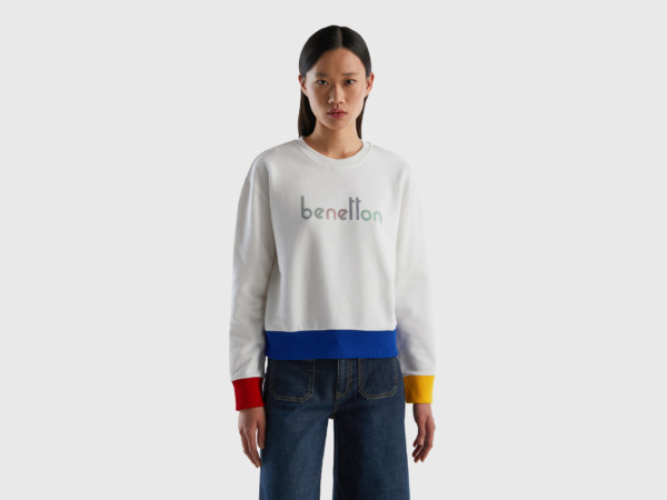 United Colors Of Sweatshirt In With Logoprint White Female Benetton Womens SWEATERS GOOFASH