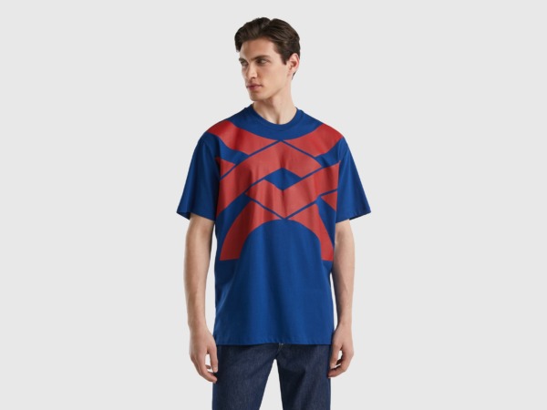 United Colors Of T-Shirt In Dark Blue With Red Logo Blue Male Benetton Mens T-SHIRTS GOOFASH
