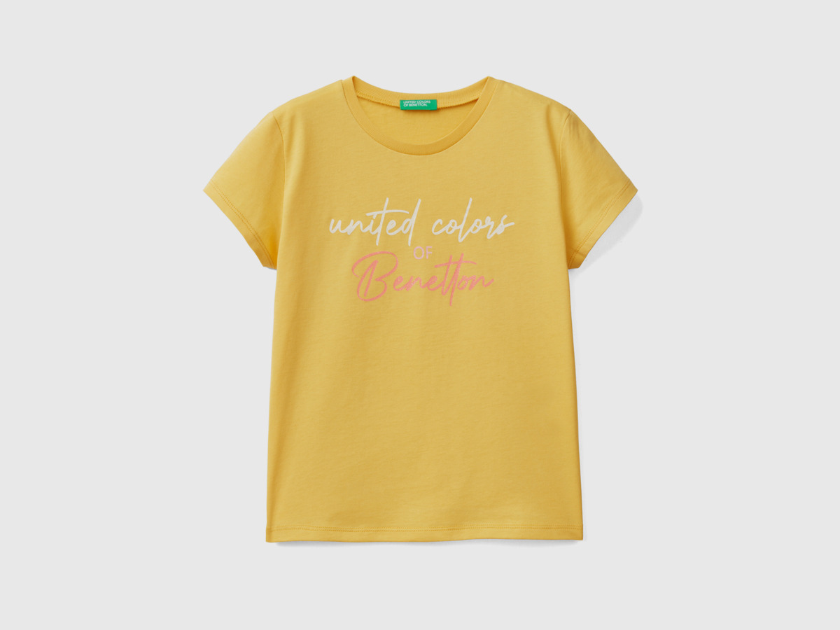 United Colors Of T-Shirt Made Of Organic With Glittering Logo Yellow Female Benetton Womens T-SHIRTS GOOFASH