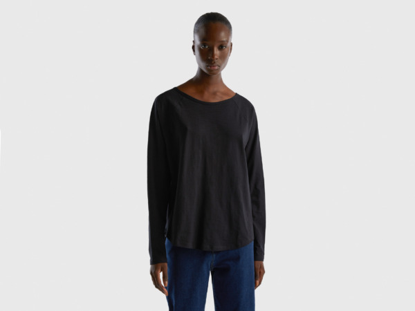 United Colors Of T-Shirt Made Of Pure With Long Sleeves Black Female Benetton Womens T-SHIRTS GOOFASH