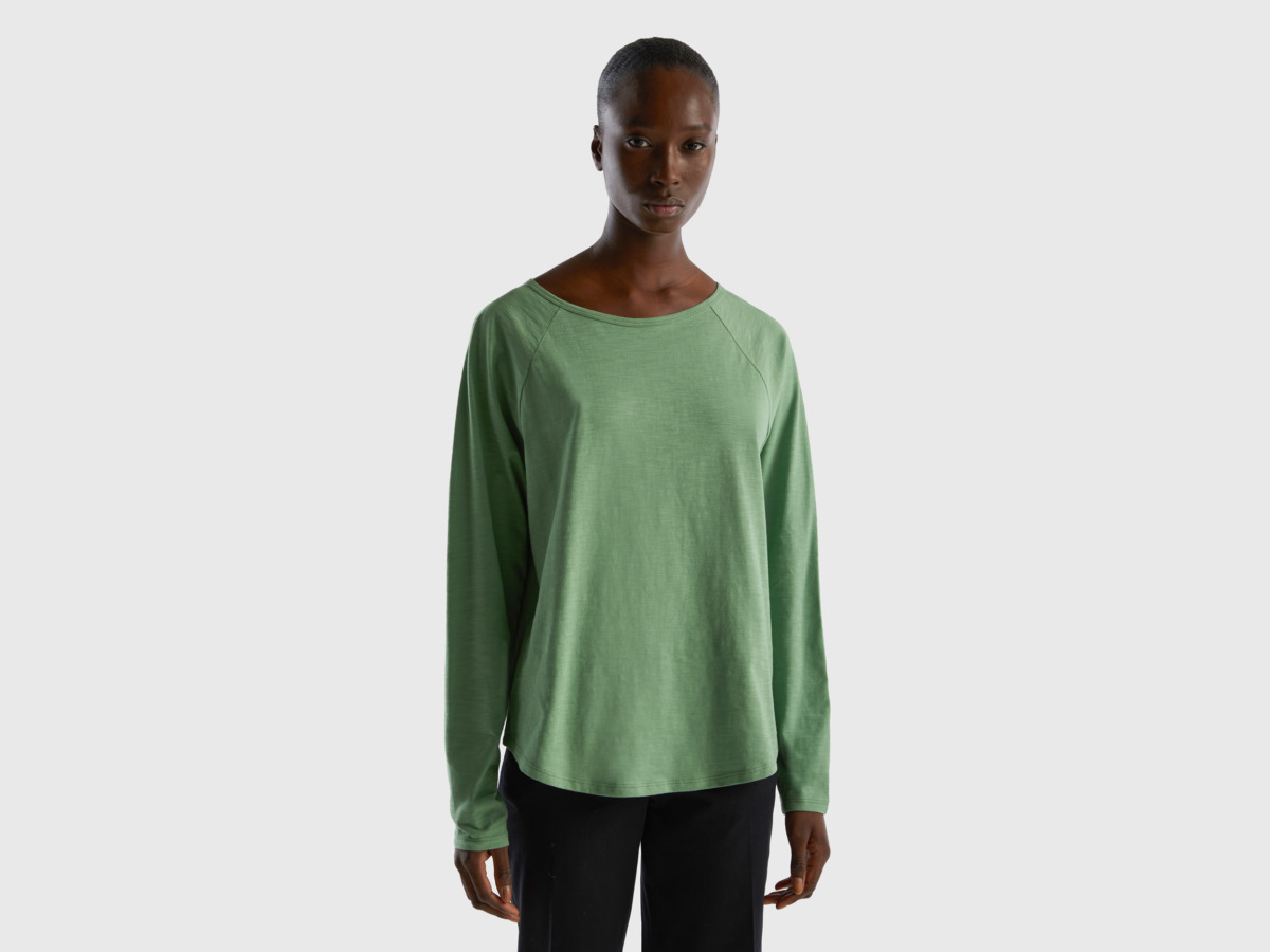 United Colors Of T-Shirt Made Of Pure With Long Sleeves Green Female Benetton Womens T-SHIRTS GOOFASH