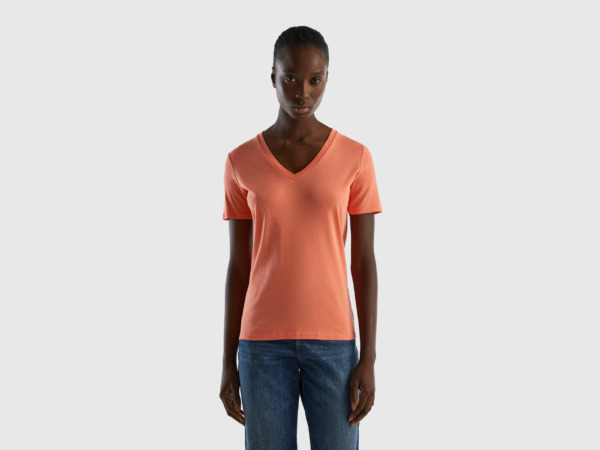 United Colors Of T-Shirt Made Of Pure With V-Neck Orange Female Benetton Womens T-SHIRTS GOOFASH