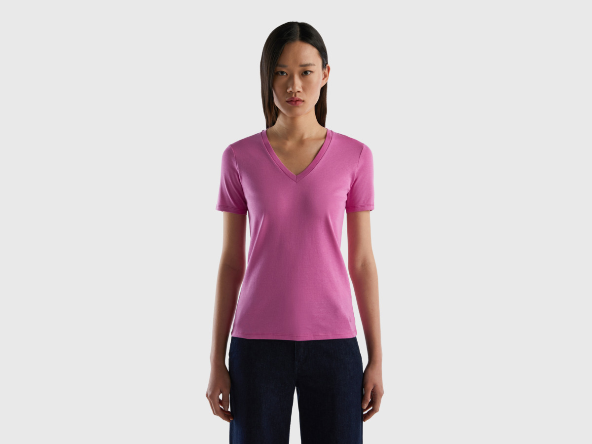 United Colors Of T-Shirt Made Of Pure With V-Neck Pink Female Benetton Womens T-SHIRTS GOOFASH