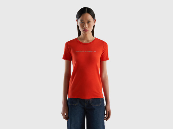 United Colors Of T-Shirt Made Of With Glittering Logoprint Red Female Benetton Womens T-SHIRTS GOOFASH
