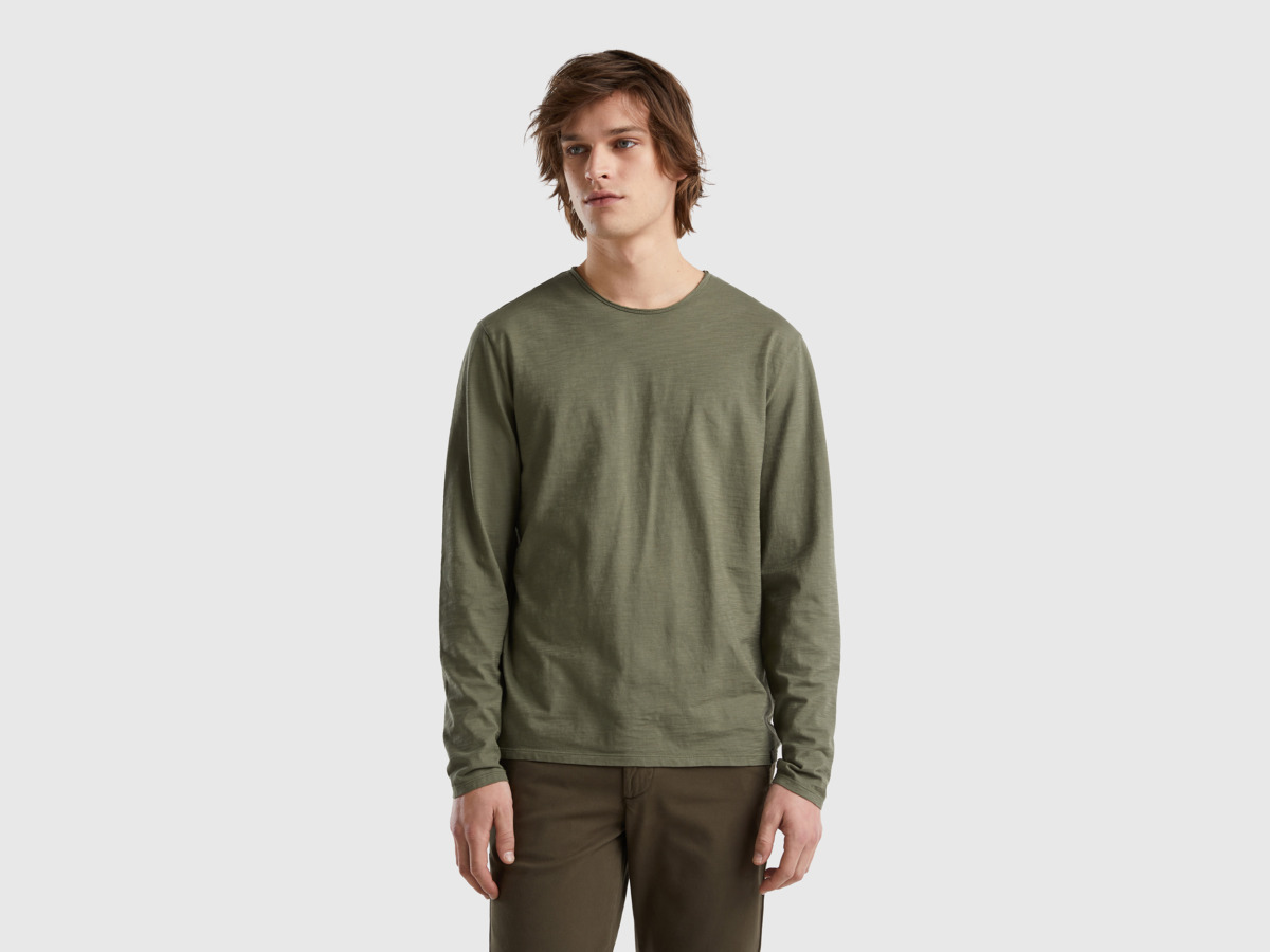 United Colors Of T-Shirt Made Of With Long Sleeves Military Green Male Benetton Mens T-SHIRTS GOOFASH