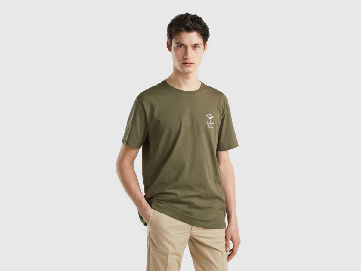 United Colors Of T-Shirt With Embroidery Military Green Male Benetton Mens T-SHIRTS GOOFASH