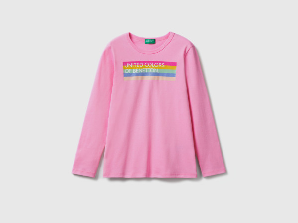 United Colors Of T-Shirt With Long Sleeves And Glitter Print Pink Female Benetton Womens T-SHIRTS GOOFASH