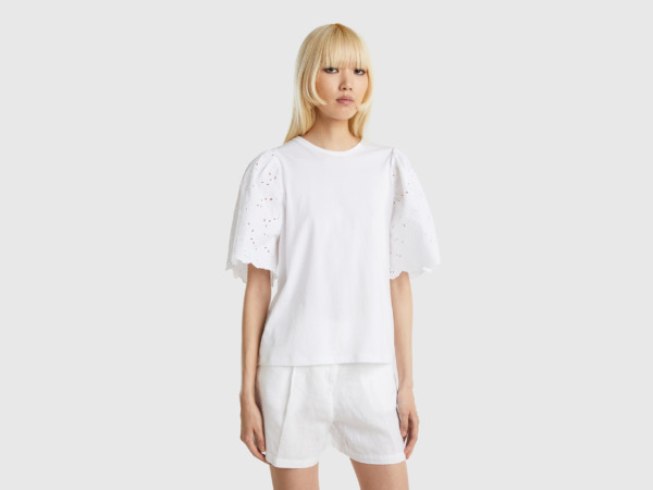 United Colors Of T-Shirt With Sleeves Made Of Hole Tip White Female Benetton Womens T-SHIRTS GOOFASH
