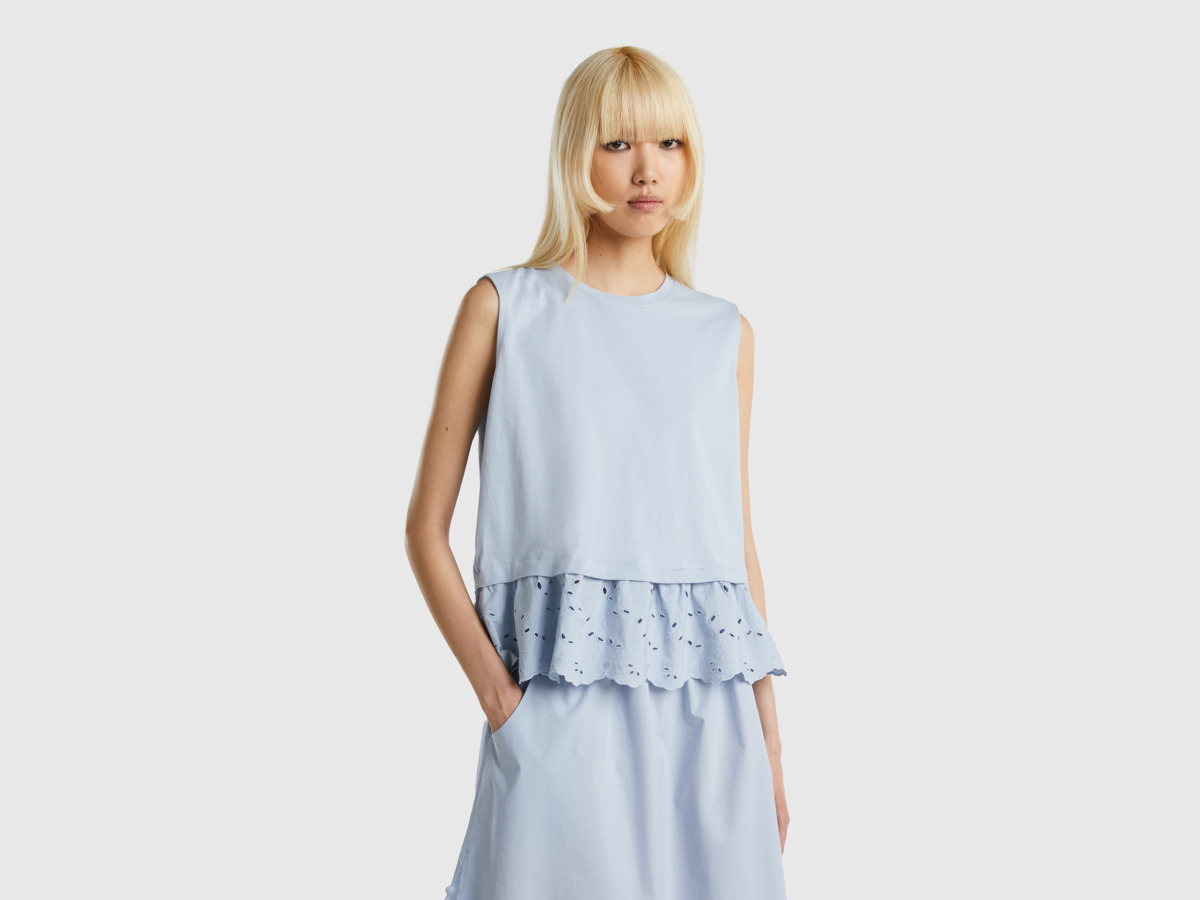 United Colors Of Top With Ruffles Made Of Hole Tip Pale Blue Female Benetton Womens TOPS GOOFASH