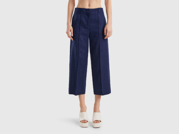 United Colors Of Wide Trousers Made Of Pure Linen Dark Blue Female Benetton Womens TROUSERS GOOFASH