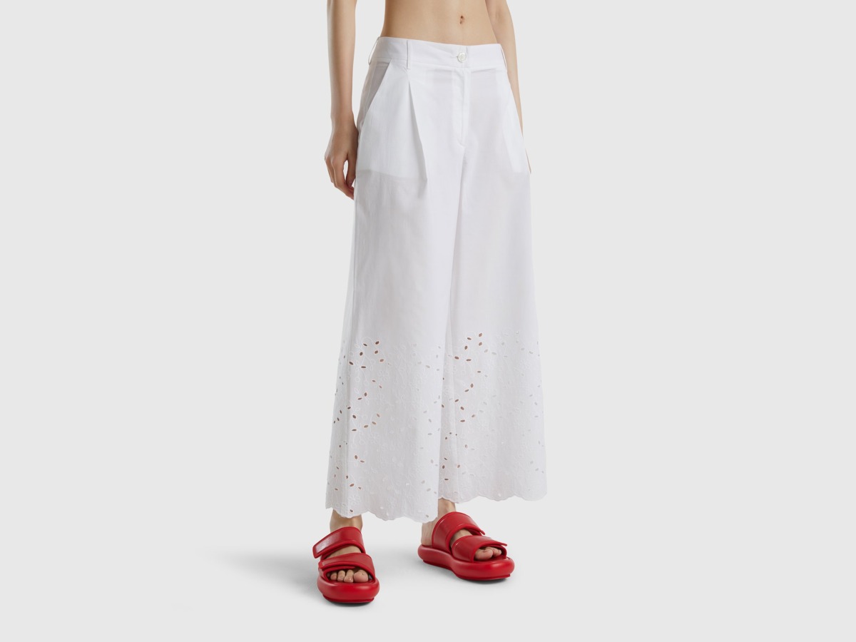 United Colors Of Wide Trousers With Hole Embroidery White Female Benetton Womens TROUSERS GOOFASH