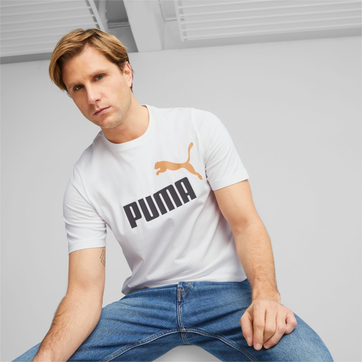 White Essentials+ Men's T-Shirts With Two Colored Logo Puma Mens T-SHIRTS GOOFASH