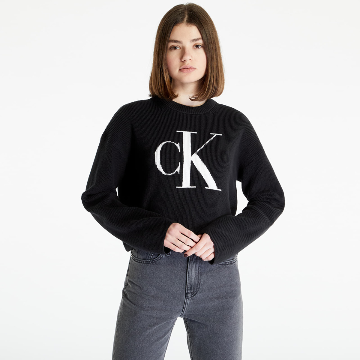 Women Footshop Calvin Klein Blown Up Ck Loose Pullover Black Womens SWEATERS GOOFASH