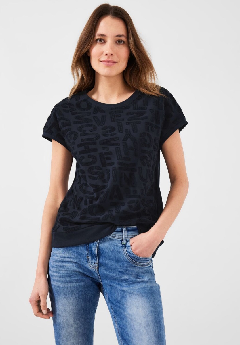 Cecil Woman Blue Print Frottee T-Shirt Womens T-SHIRTS GOOFASH