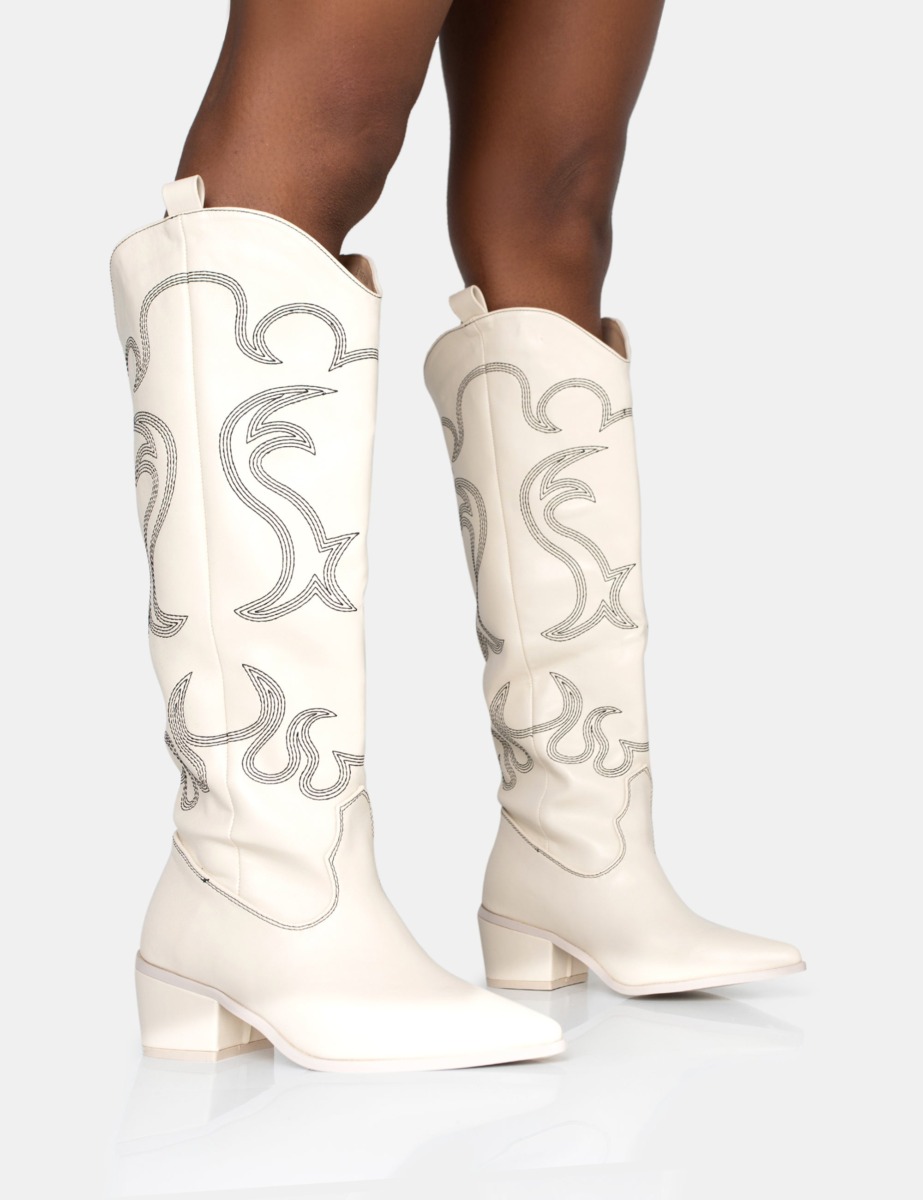 Cream Cowboy Boots - Public Desire GOOFASH