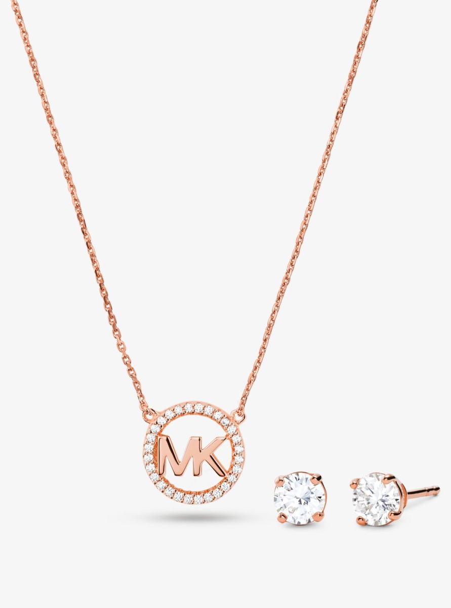 Michael Kors Mk Rose Gold Plated Sterling Silver Pavé Logo Charm Necklace And Stud Earrings Set Rose Gold Ichael Kors Men Mens JEWELRY GOOFASH