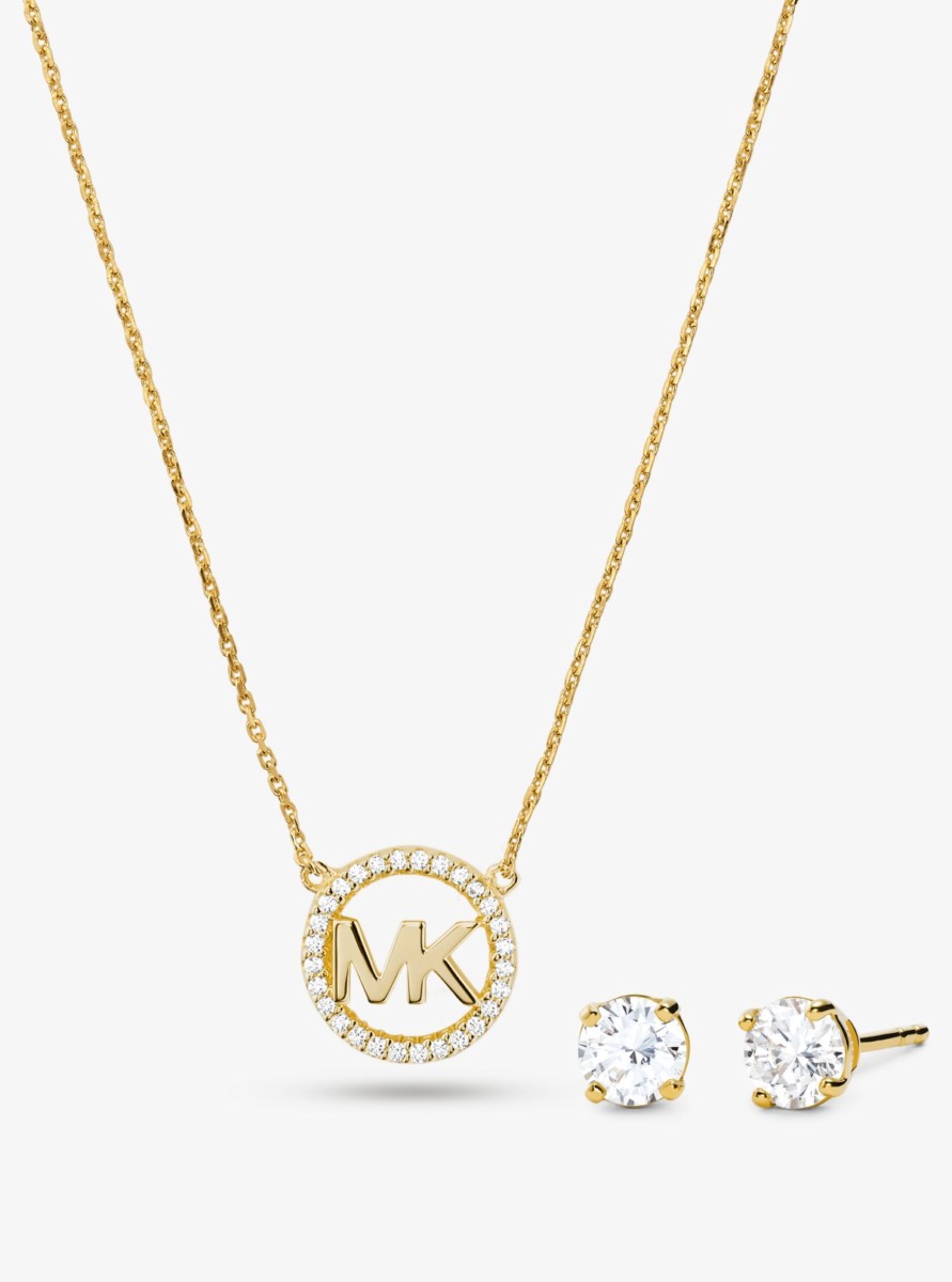 Mk Rose Gold Plated Sterling Silver Pavé Logo Charm Necklace And Stud Earrings Set Gold Ichael Kors Men's Michael Kors Mens JEWELRY GOOFASH