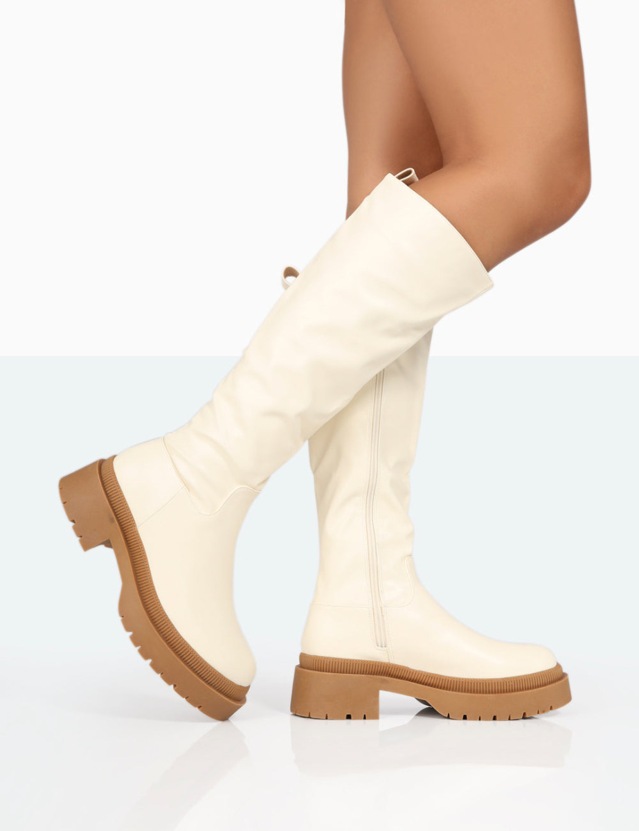 Public Desire - Cream Women's Knee High Boots GOOFASH