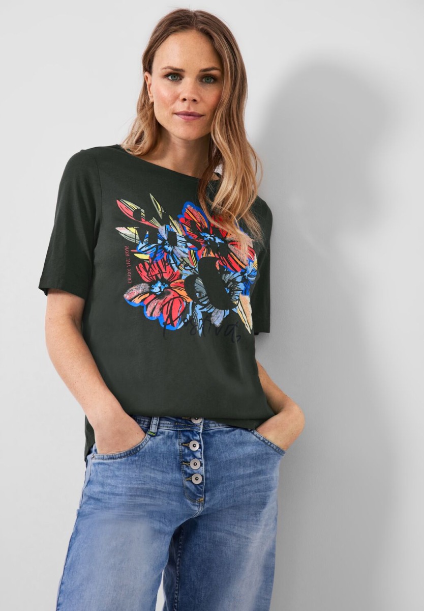 Women's Green T-Shirt With Flowers Photo Print Cecil Womens T-SHIRTS GOOFASH
