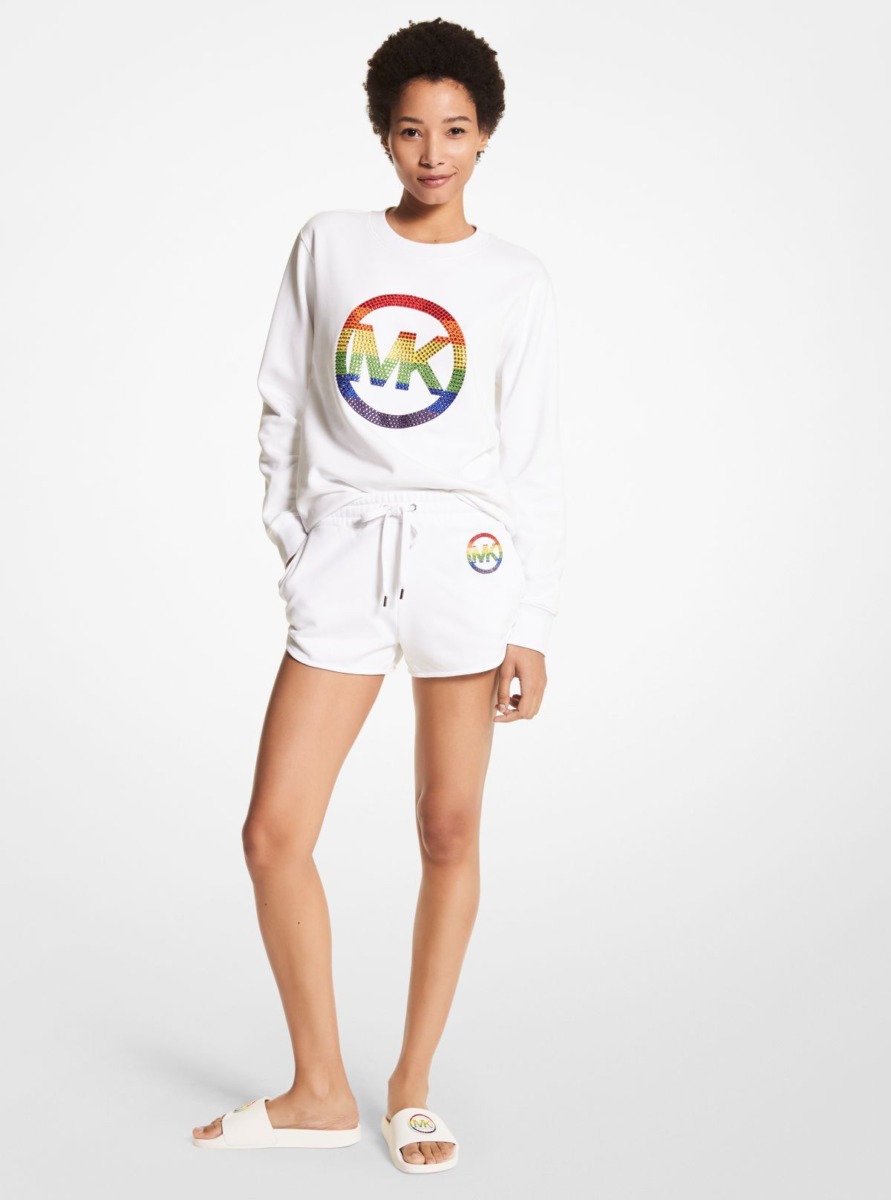 Women's Mk Pride Embellished Logo Organic Terry Shorts White Ichael Kors Michael Kors Womens SHORTS GOOFASH
