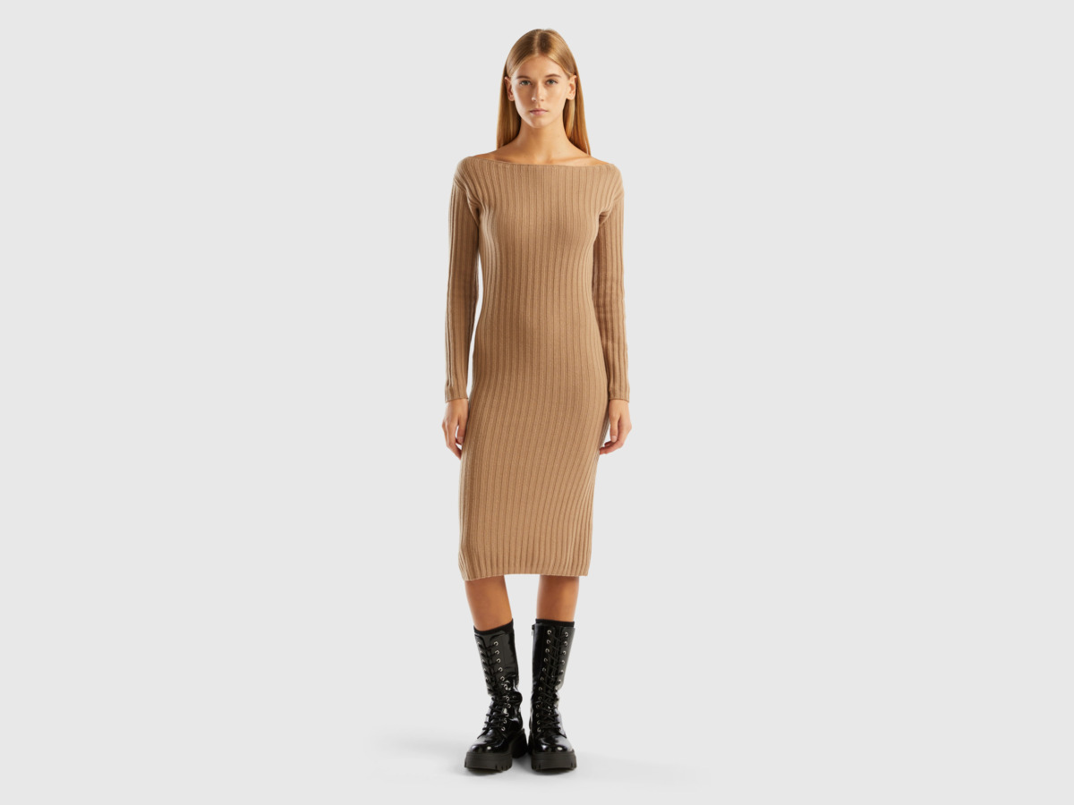 Lady Camel Knitted Dress - Benetton - United Colors of Benetton GOOFASH