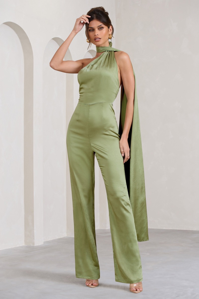 Wide Leg Jumpsuit in Olive from Club L London GOOFASH