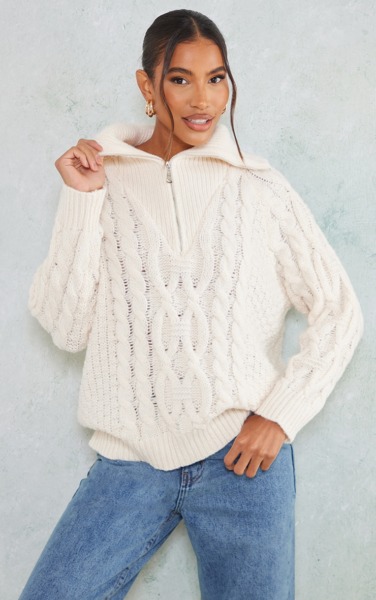 Cream Knitted Sweater PrettyLittleThing Ladies GOOFASH
