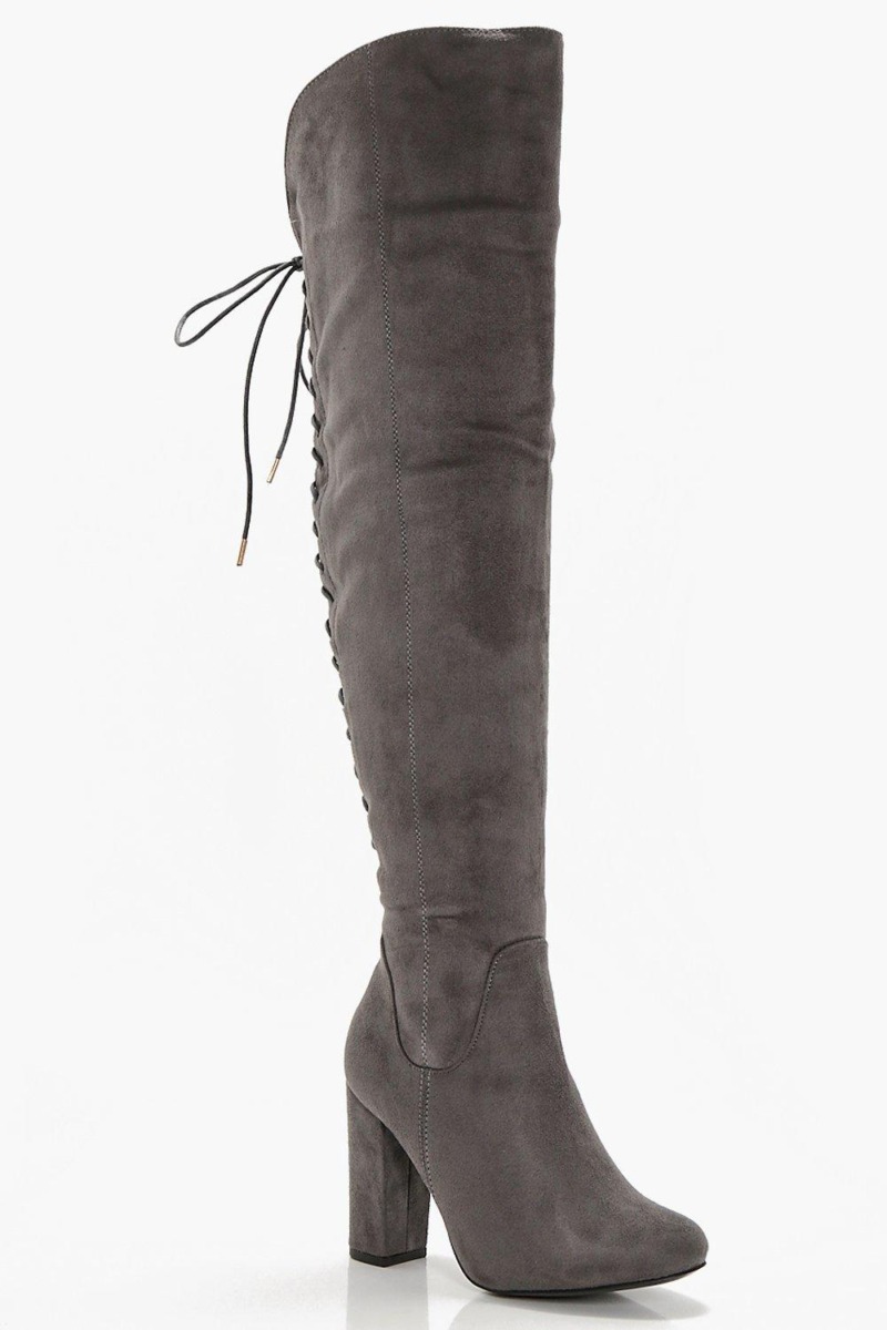 Ladies Knee High Boots in Grey Boohoo GOOFASH