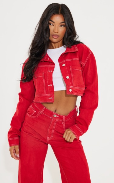 PrettyLittleThing Women Denim Jacket Red GOOFASH