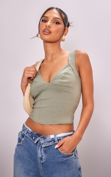 Womens Crop Top in Khaki from PrettyLittleThing GOOFASH