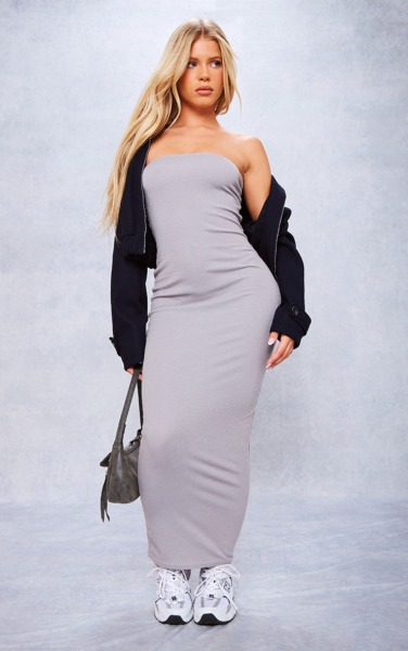 Womens Grey Bandeau Maxi Dress by PrettyLittleThing GOOFASH