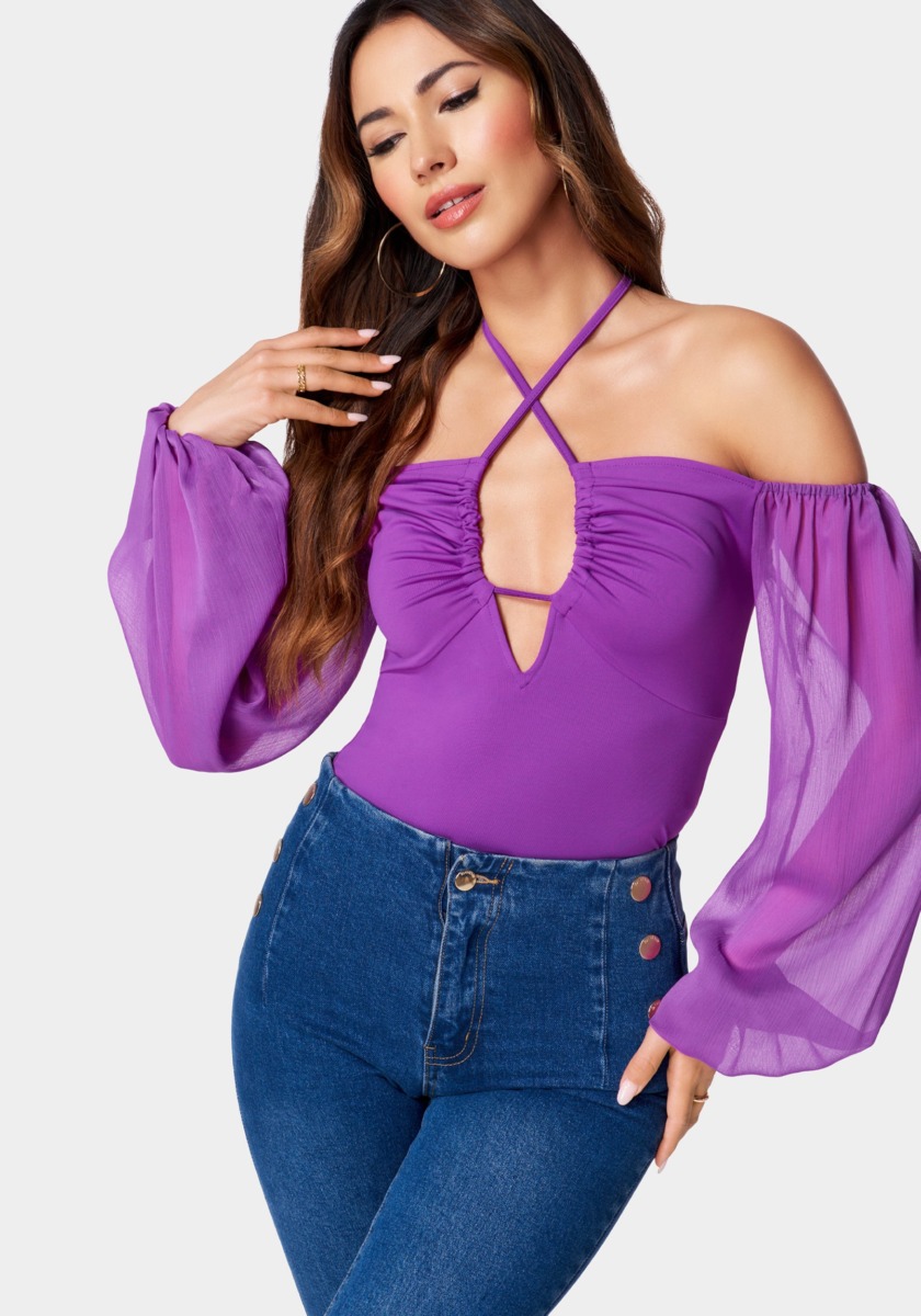 Womens Knit Top in Purple from Bebe GOOFASH