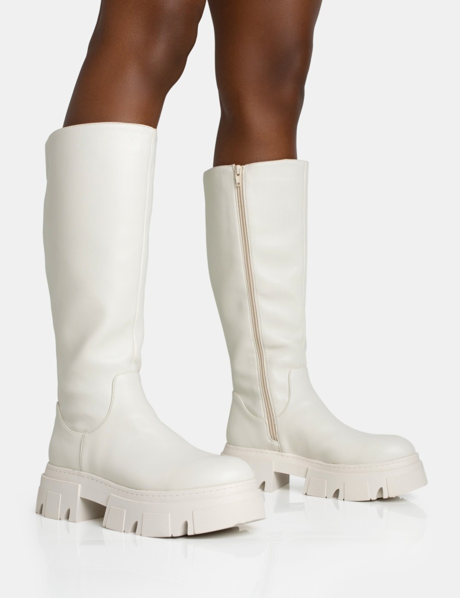 Knee High Boots in Cream - Public Desire GOOFASH
