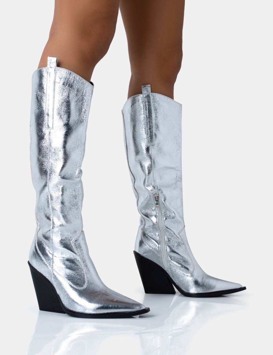 Public Desire Lady Knee High Boots in Silver GOOFASH