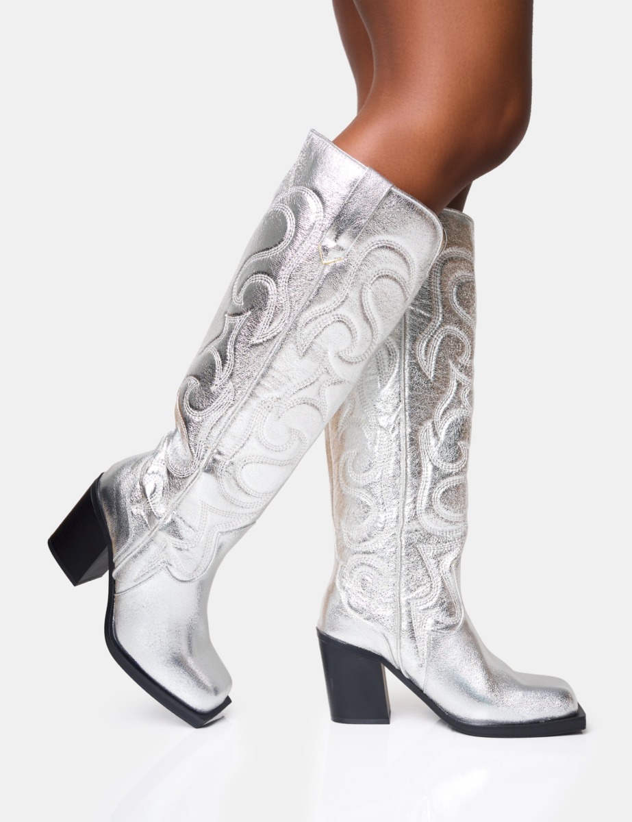 Women's Silver Knee High Boots Public Desire GOOFASH