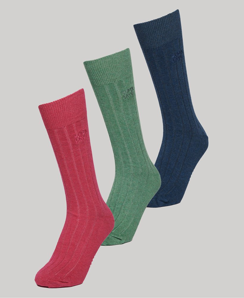Superdry Unisex Pink Green And Blue Organic Ribbed Core Crew Socks Pack With Logo Print GOOFASH