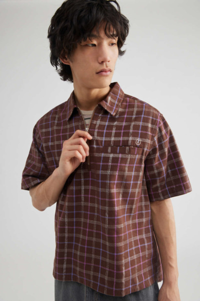 Urban Outfitters Shimmer Half Zip Popover Shirt Top Brown | GOOFASH